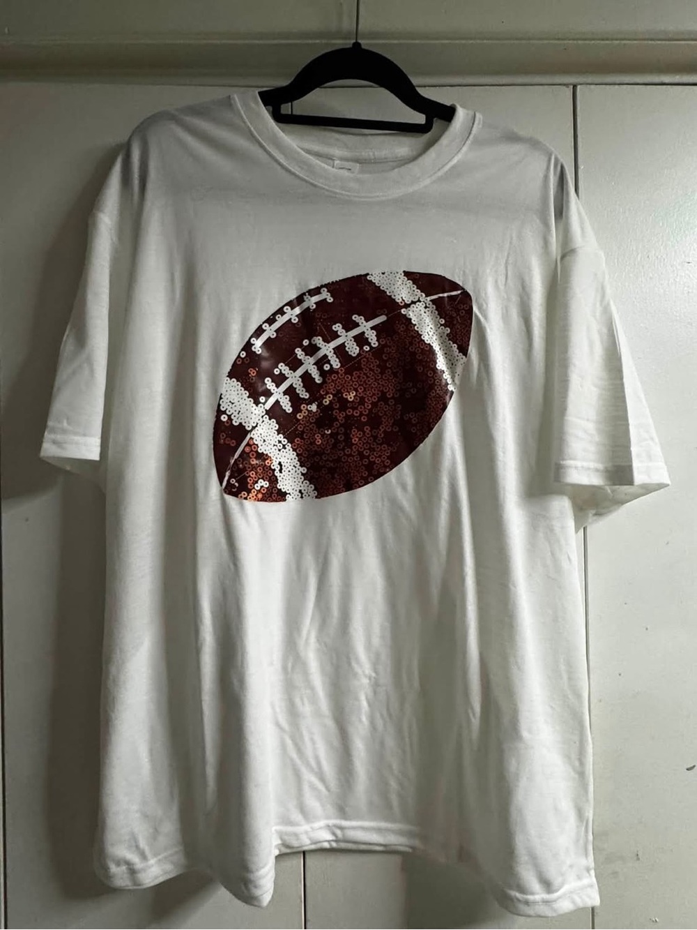 SHEIN White Short-Sleeve Tee with faux Sequin Football Graphic